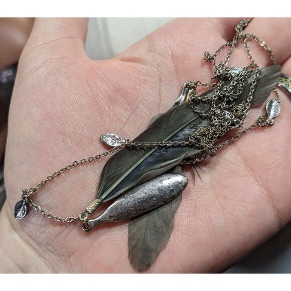 Bohemian Festival Ready Real Feather And Silver Tone Charm Wrap Necklace - Picture 4 of 5